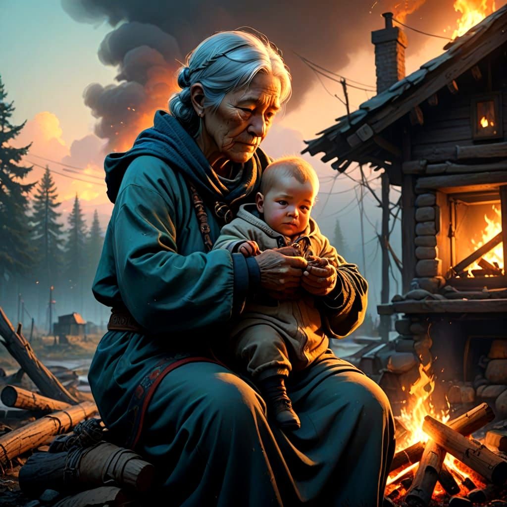 Greyhaired Chickasaw Grandmother Cradles Baby Near Cozy Fire