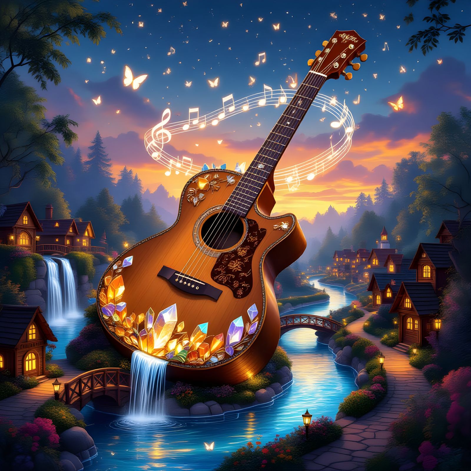 Enchanted Guitar Garden Village Under Surreal Twilight Sky