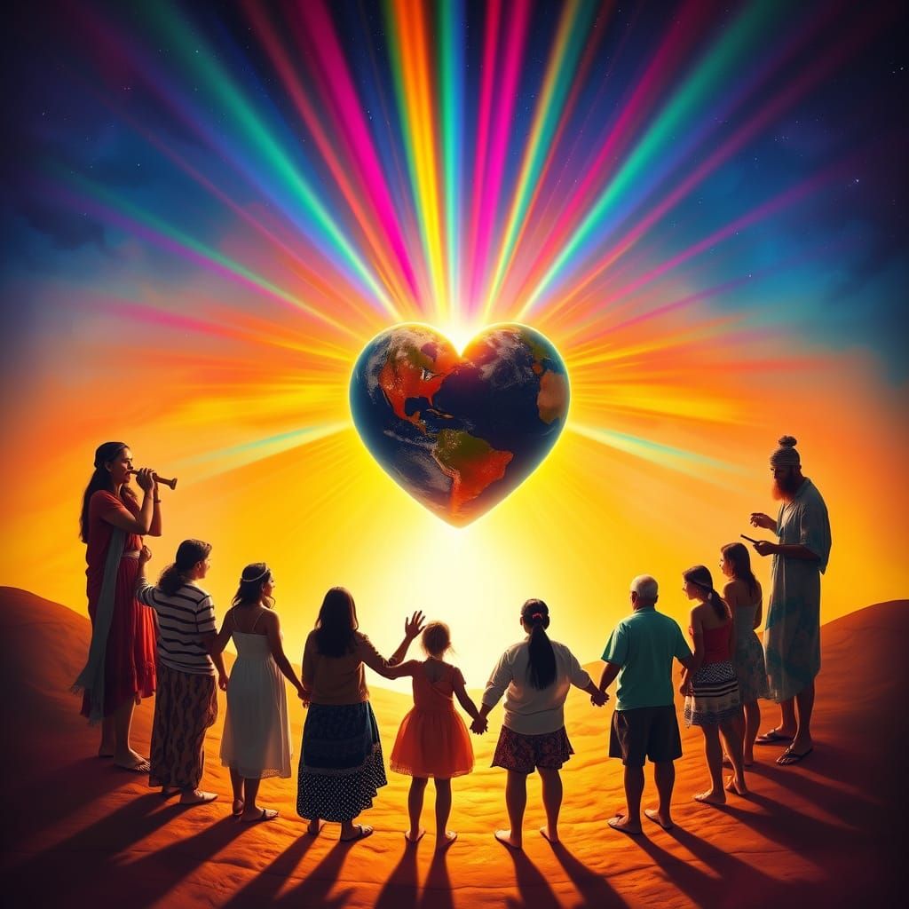 United Cultures Around Heart Planet in Visionary Art