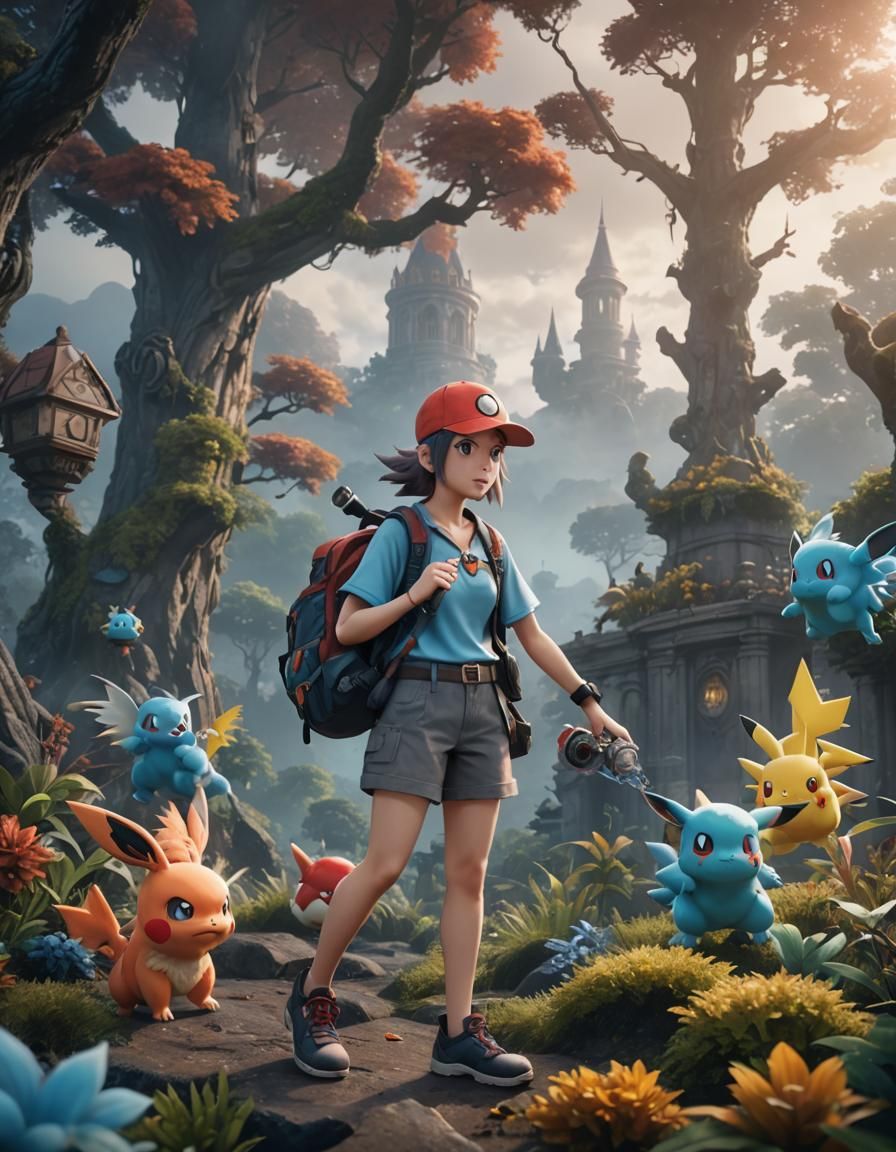 Misty Pokémon Trainer with Pokémon: Detailed Matte Painting