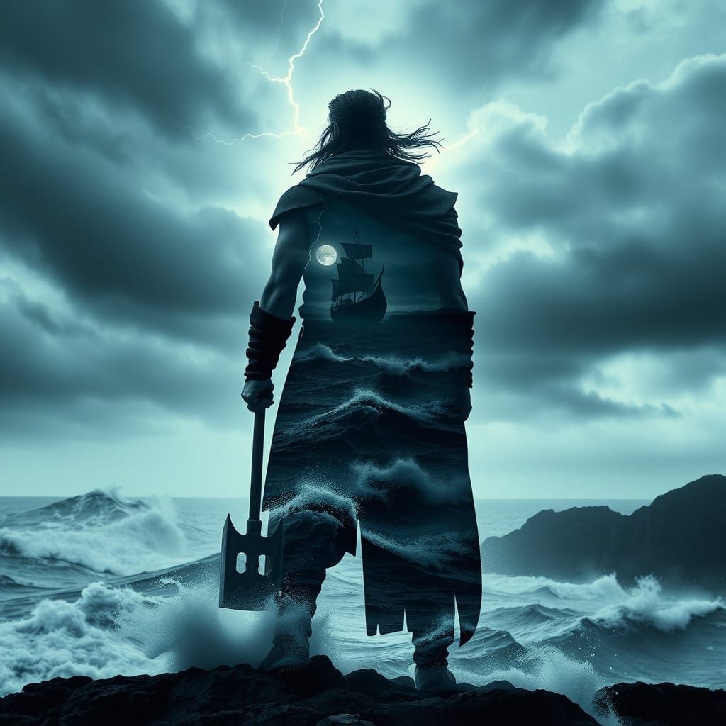 Stormy Viking Warrior Double Exposure