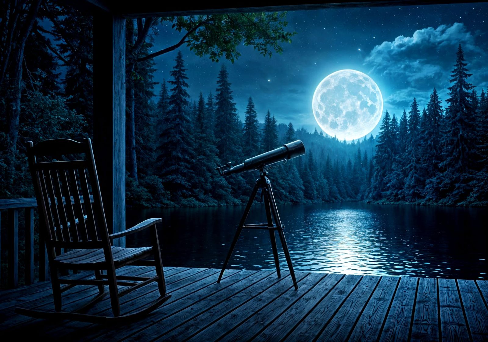 Moonlit Lake View from Porch with Telescope