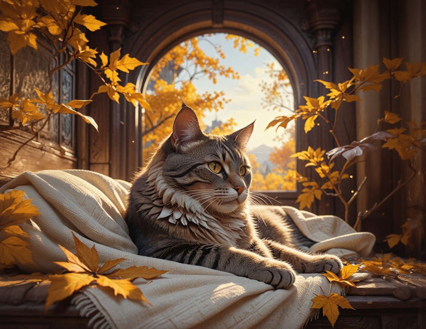 Cozy Cottage Reading Nook with Sleeping Cat