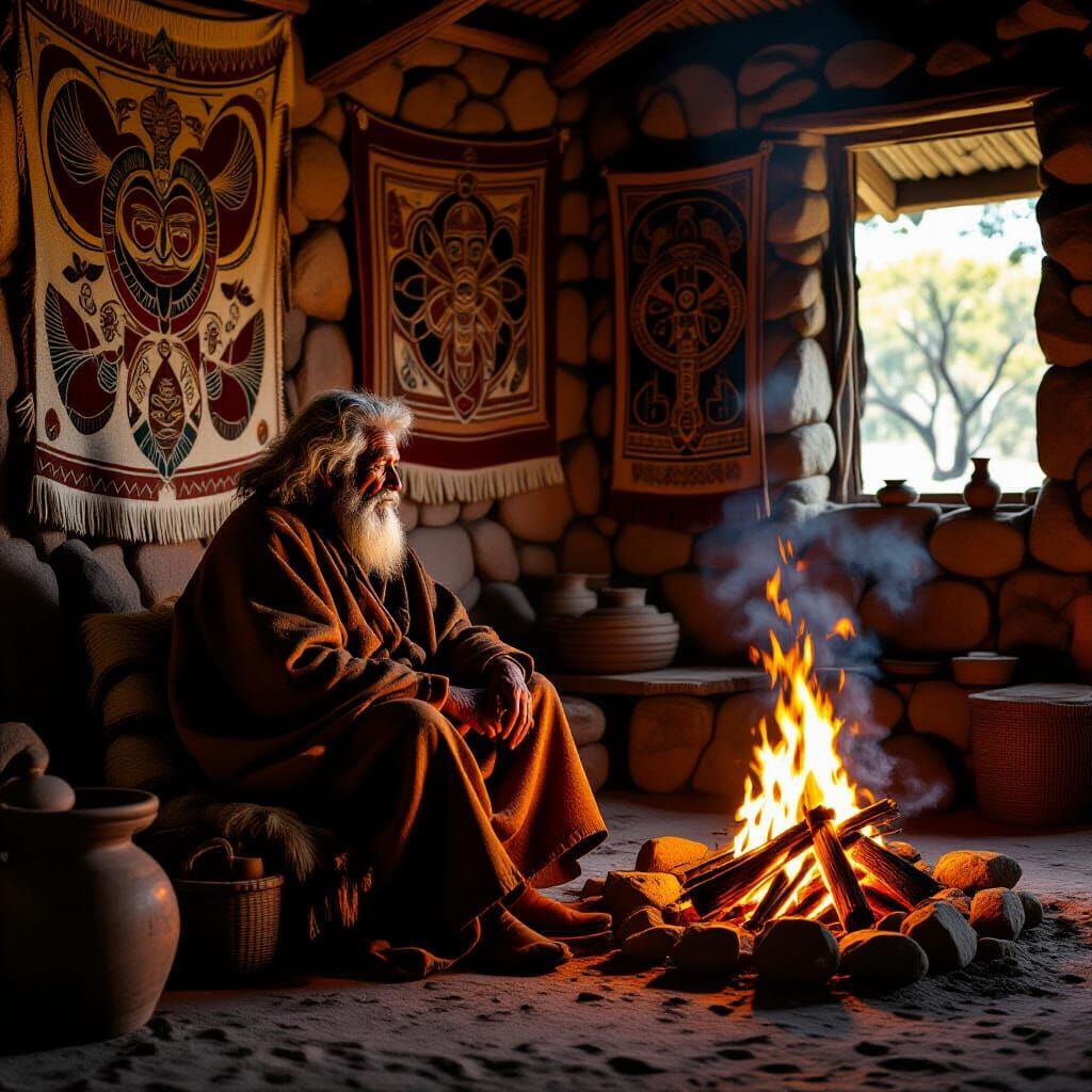 Wise Elder in Firelight: Hyperrealistic Aboriginal Art