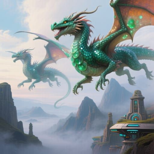 Majestic Dragons Soaring in a Futuristic Landscape