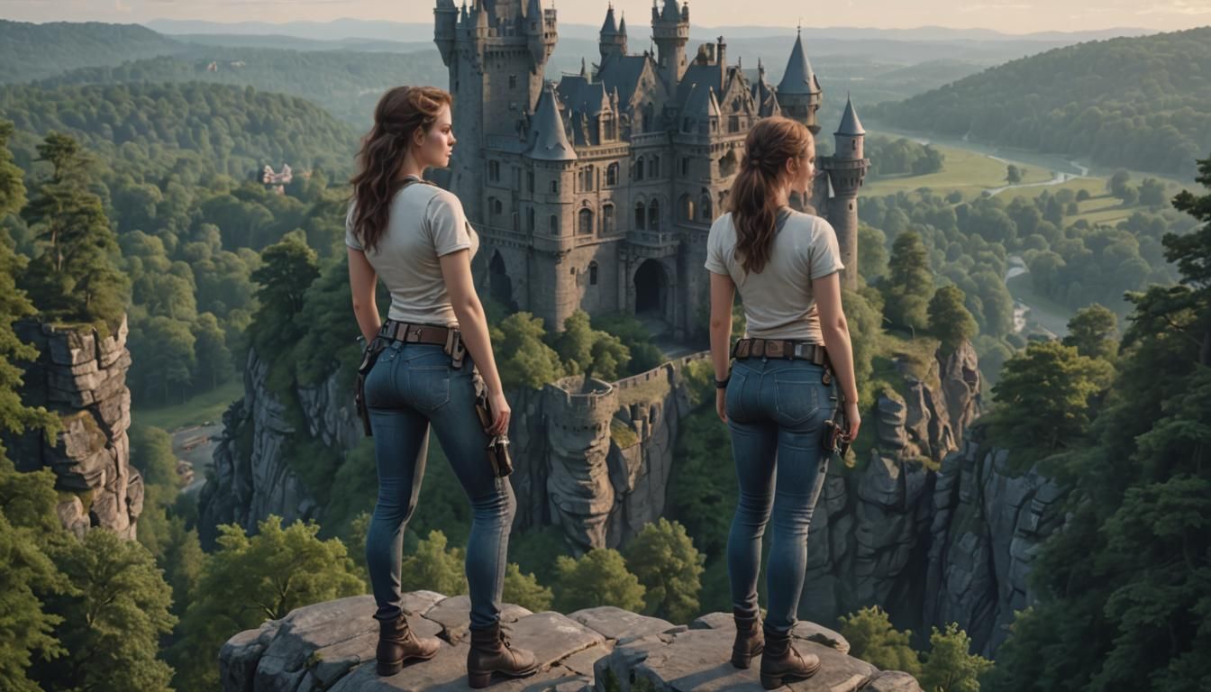 Sci-Fi Woman on Cliff Overlooking Victorian Castle