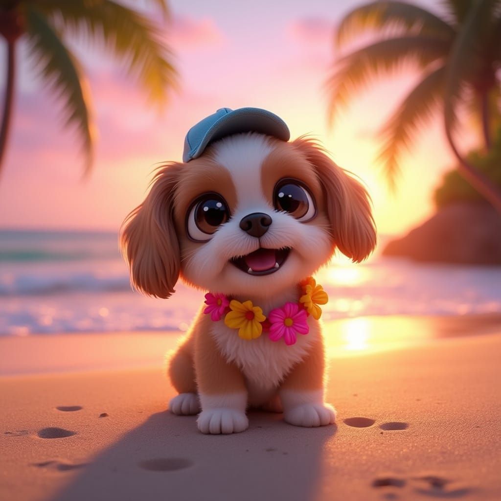 Pixar Style Shih Tzu Enjoys Tropical Sunset Beach Scene