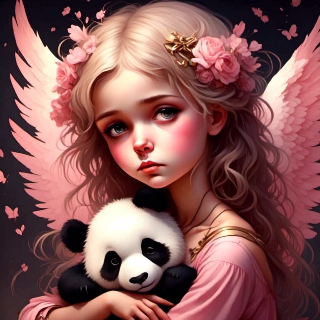 Angel Girl with Panda Bear and Pink Wings