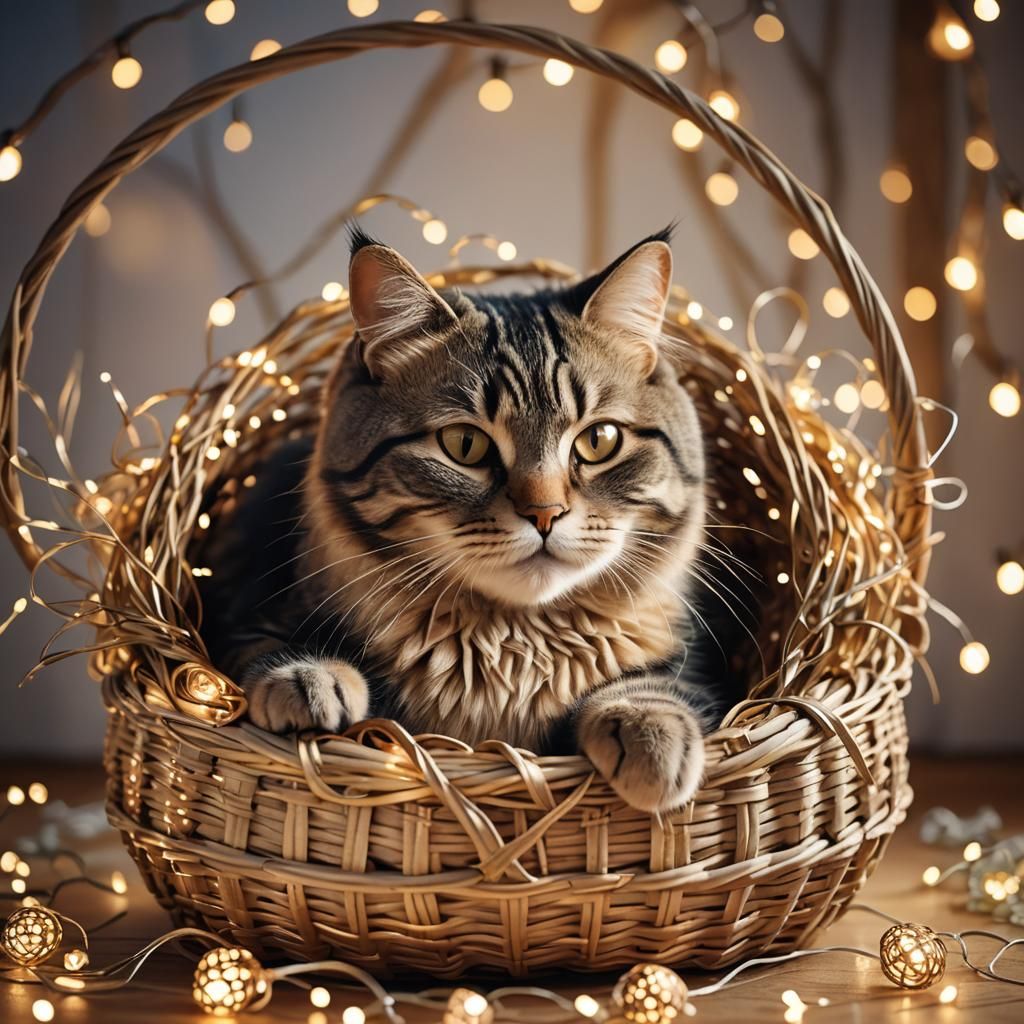 Sleepy Cat in Basket with Fairy Lights, 3D Illustration