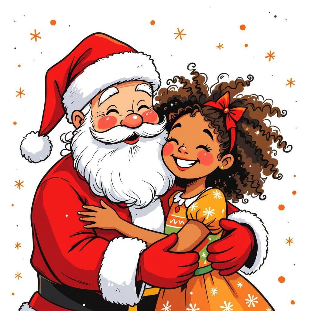 Santa Claus Hugging a Joyful Girl, Line Drawing