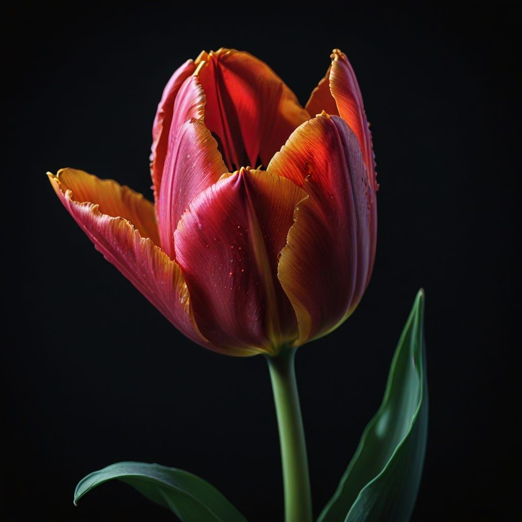 Hyper-Realistic Tulip Macro in Neon-Lit Darkness