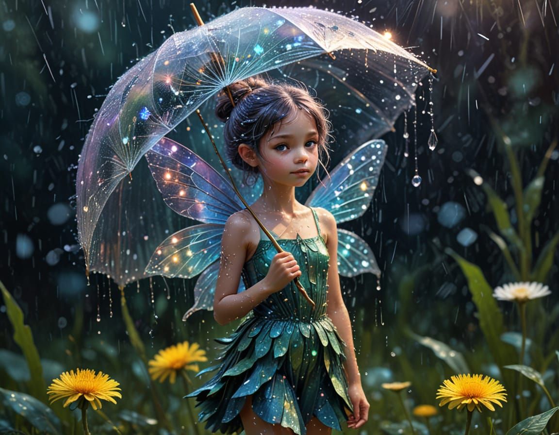 Whimsical Fairy Uses Dandelion as Umbrella
