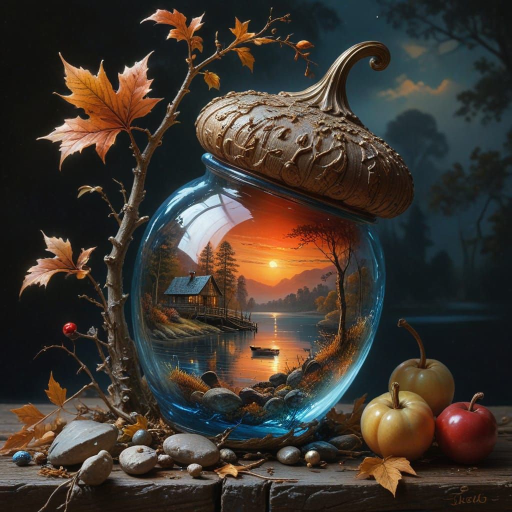 Glass Acorn Vessel with Autumn Lake Scene and Sunset
