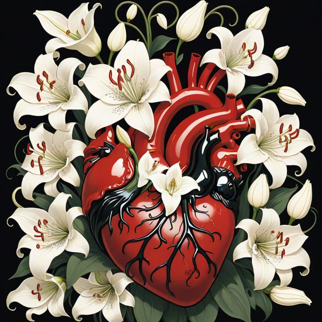 Anatomical Heart Among Lilies in Emo Goth Style