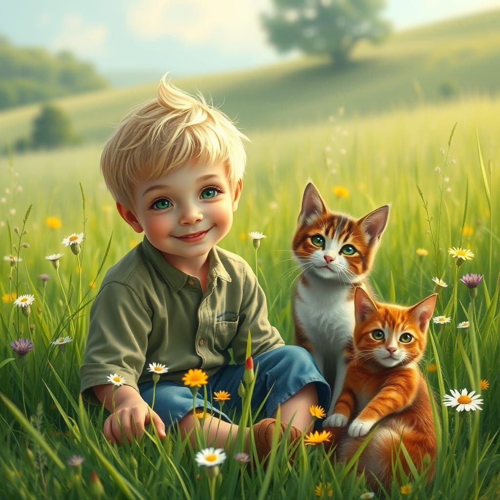 Joyful Boy Surrounded by Nature in Whimsical Countryside