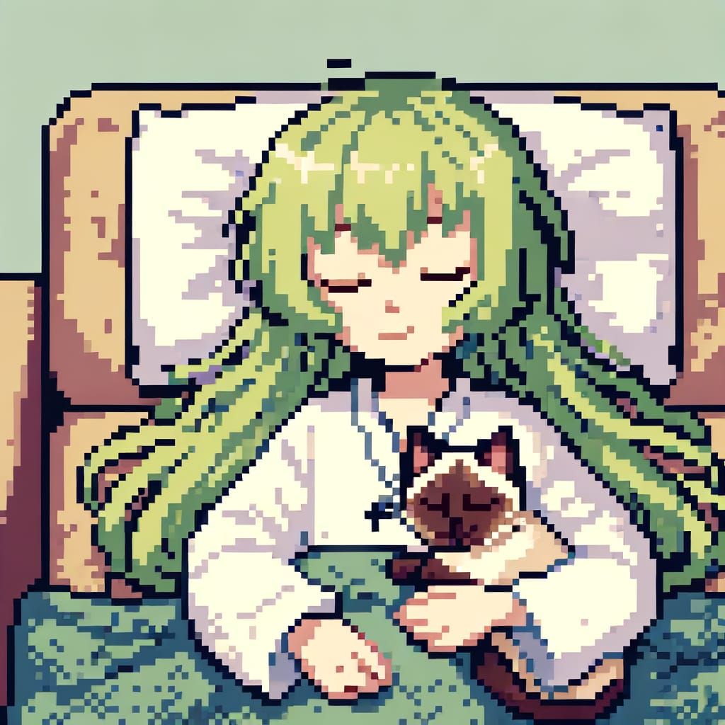 Pixel Art Anime Girl Sleeps with Siamese Cat