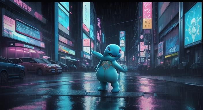 Squirtle in Rainy Neon Cityscape: Anime Style