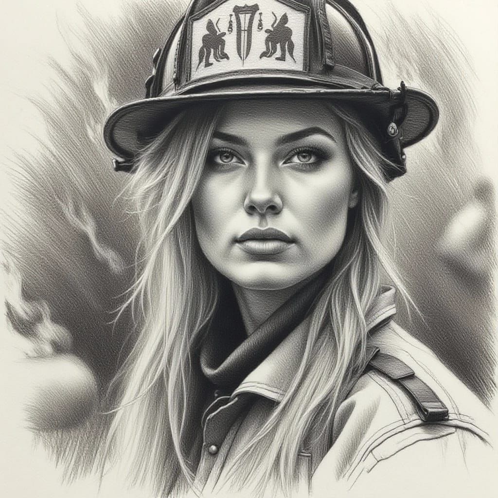 Female Firefighter in Charcoal Brush Strokes