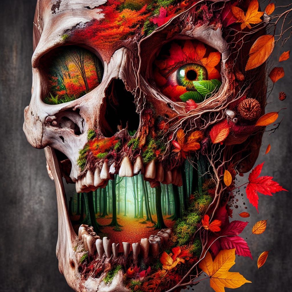 Autumn Forest Reclaims a Zombie Skull