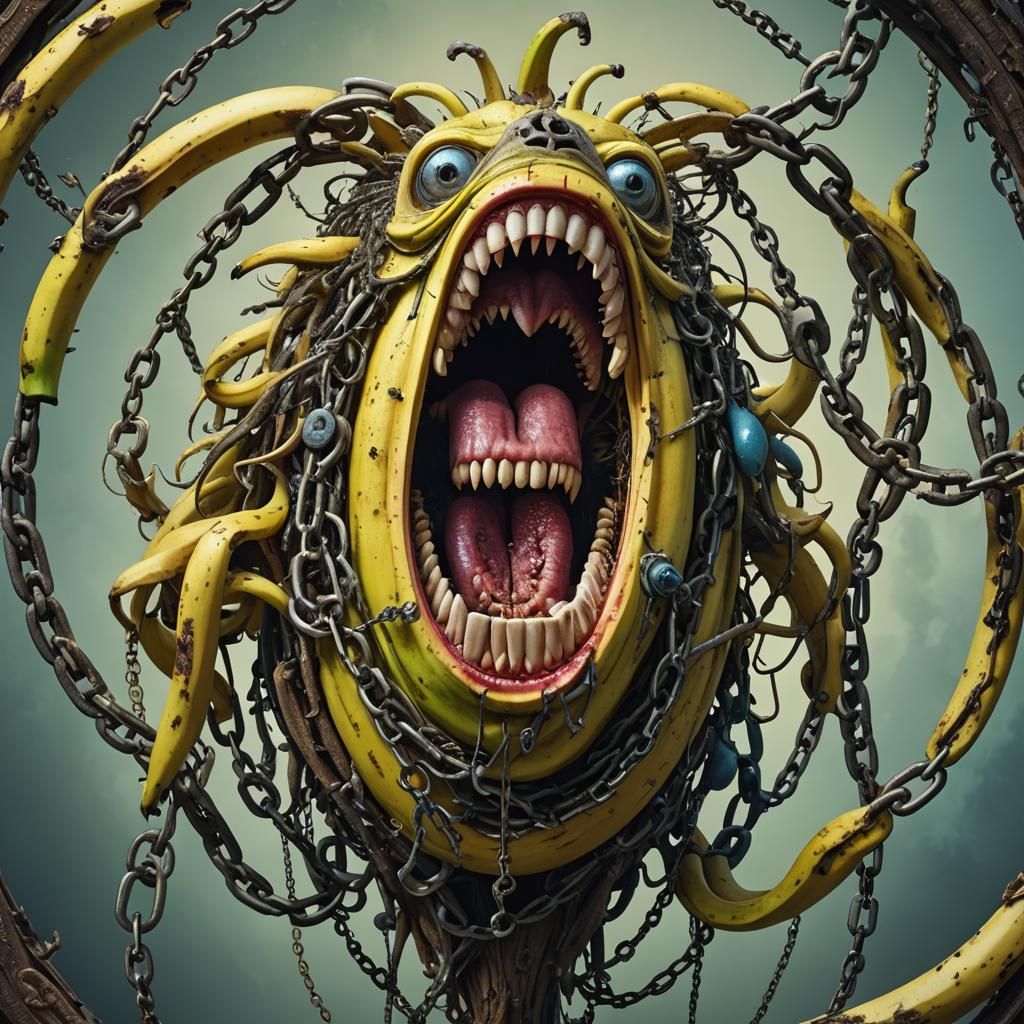 Chained Monster Banana: A Surreal Digital Art Piece