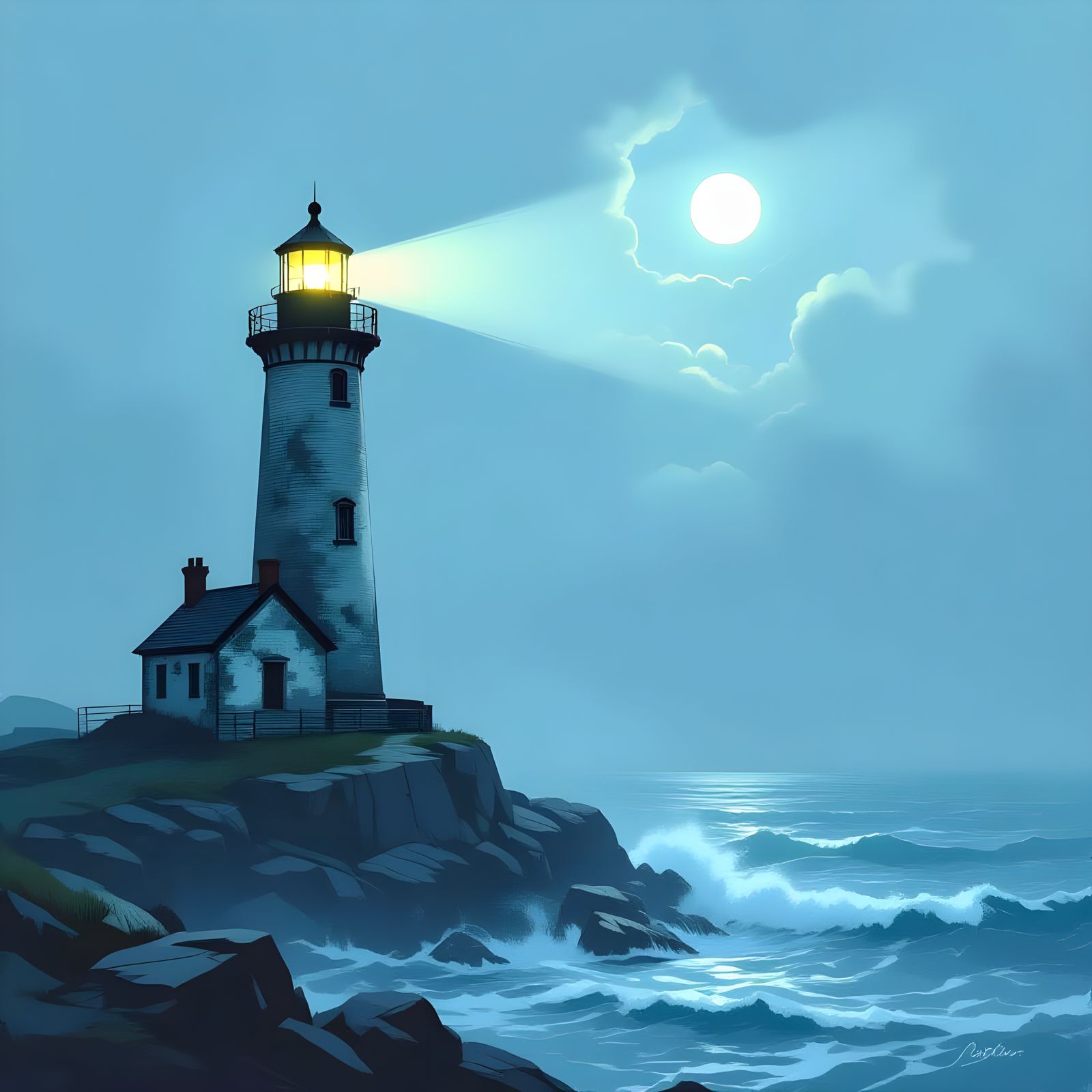 Atmospheric Lighthouse in Fog, Cinematic Lighting