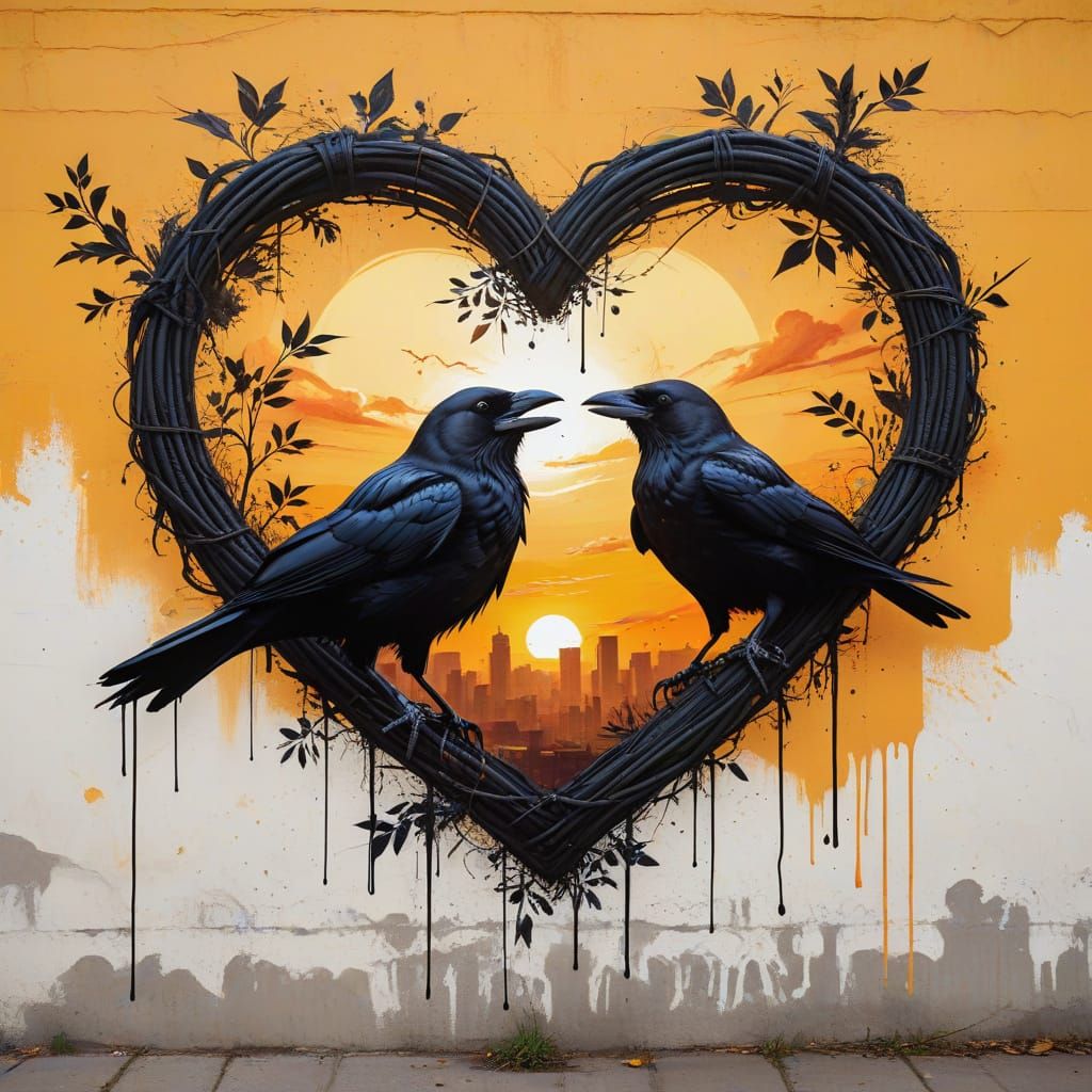 Graffiti Heart Frame with Vibrant Sunset and Crows