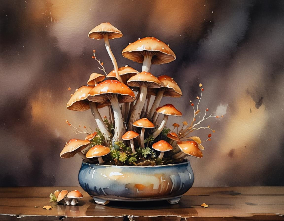 Ethereal Mushroom Bonsai: A Watercolor Masterpiece