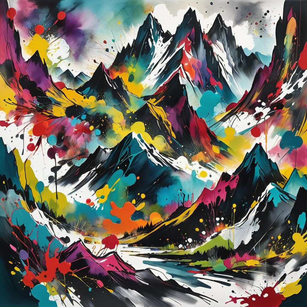 Ink Splatter Art: Mountain Landscape