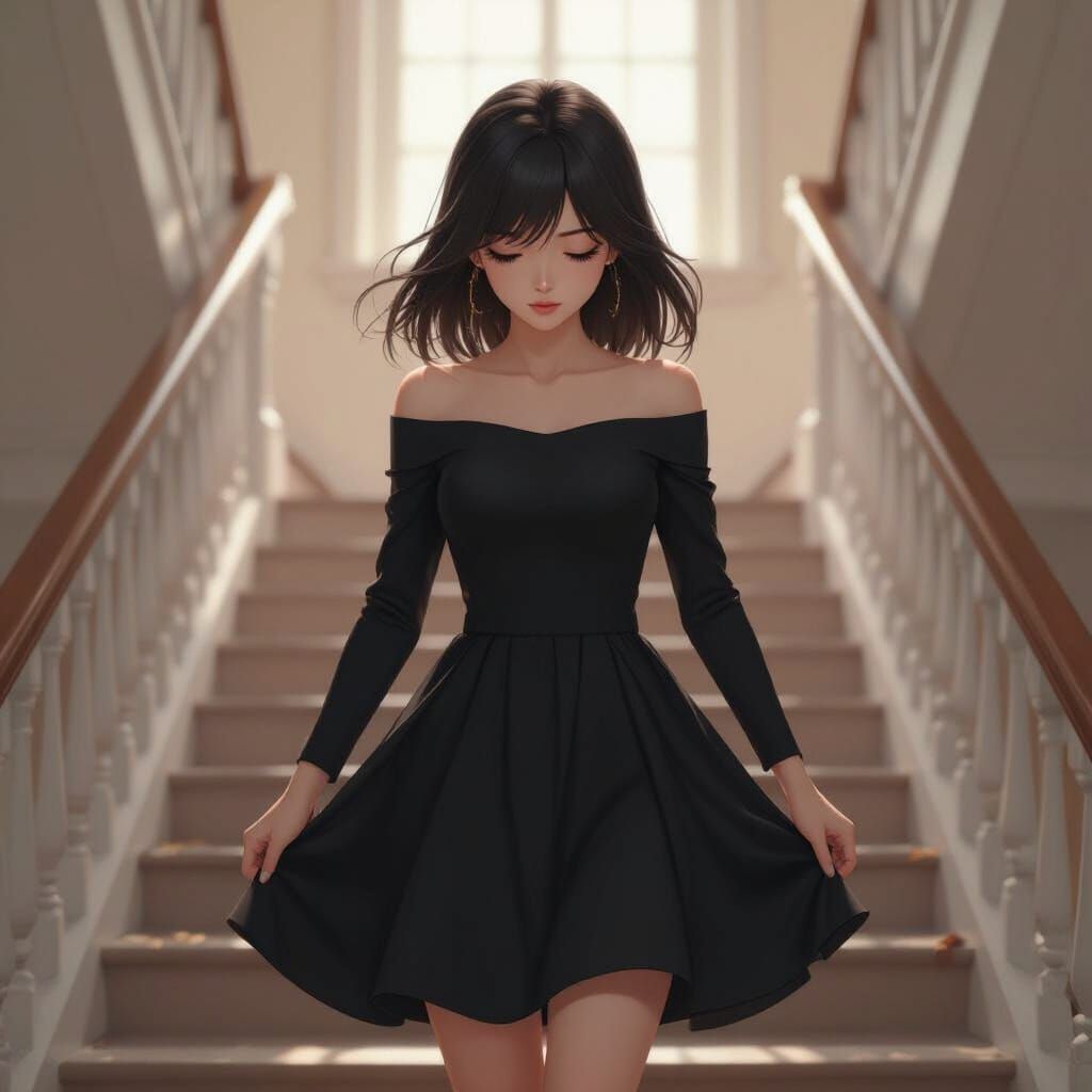 Anime-Inspired Girl Rushing Down Stairs in 3D Art