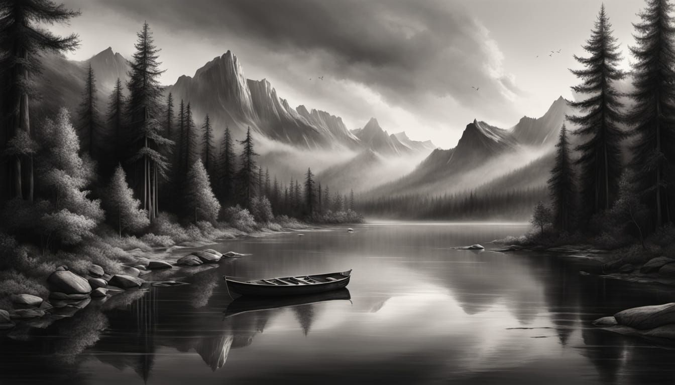 Panoramic Mountain Lake in Hyper-Realistic Graphite Style