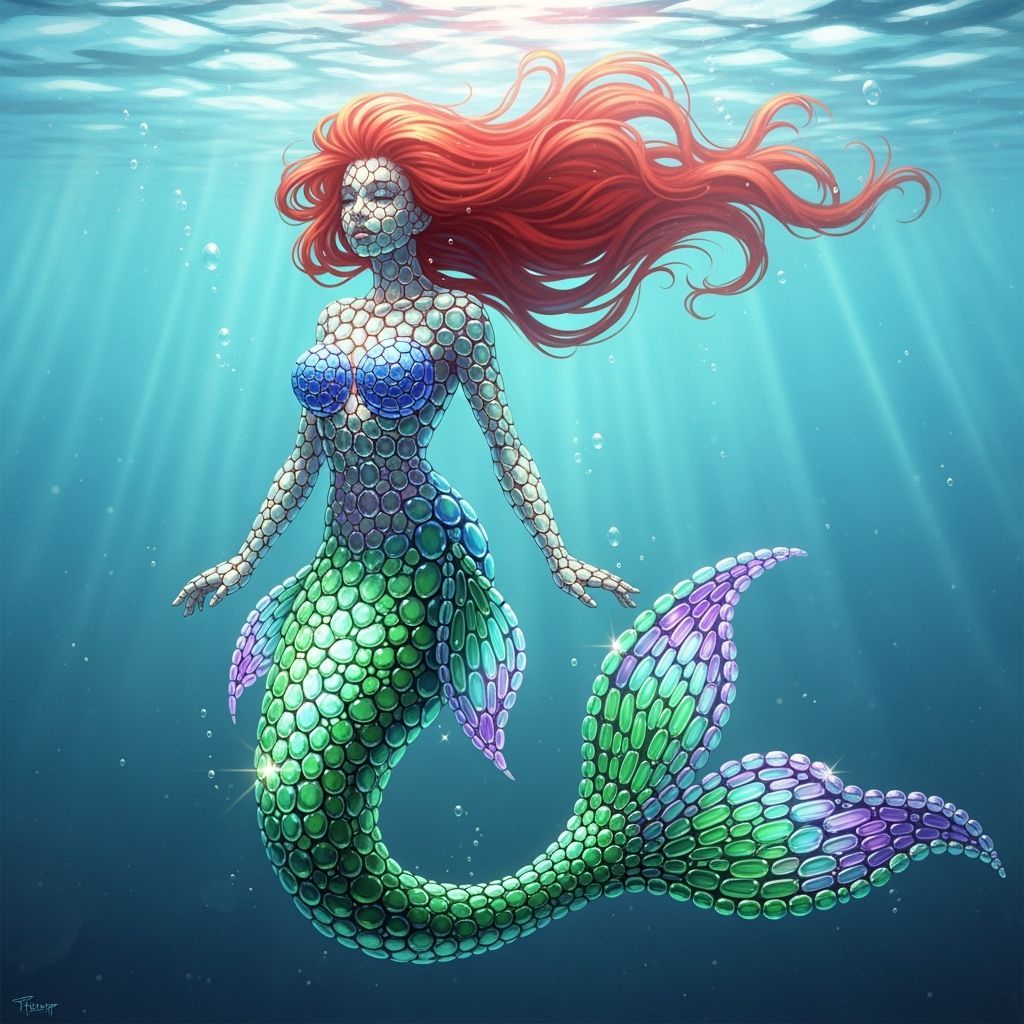 Beaded Mermaid with Red Hair in Dreamy Light