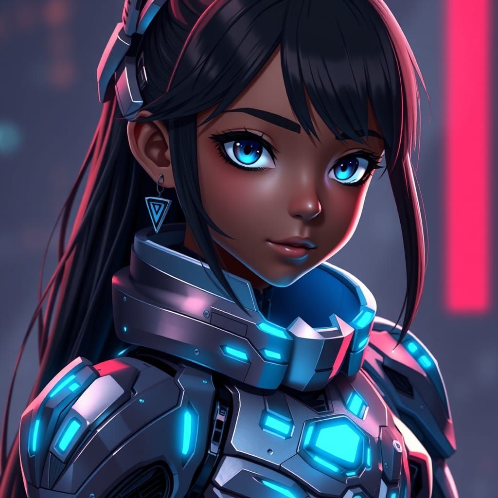 Futuristic Black Girl in Robotic Exosuit: 3D Anime Art