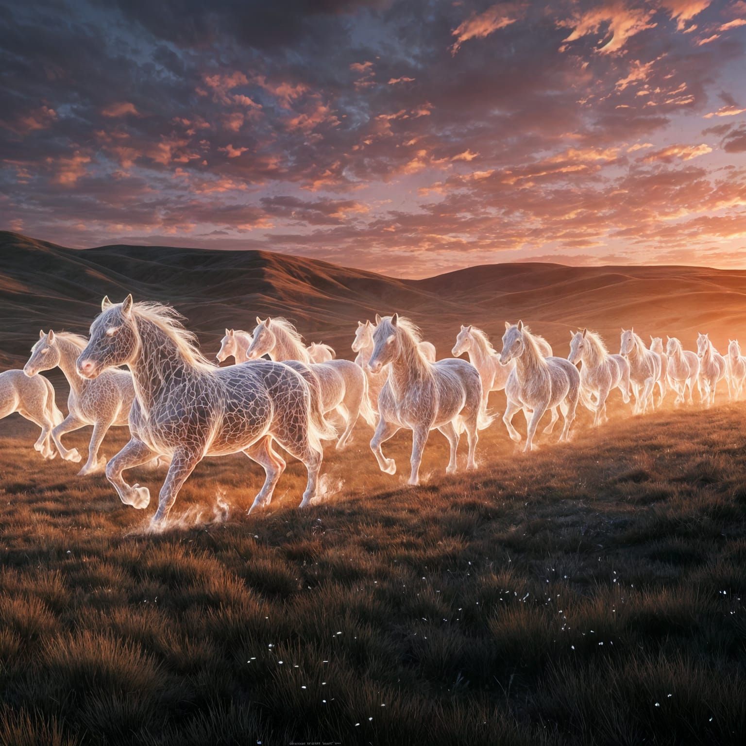 Ethereal Horses Sculpted from Light Galloping at Dawn
