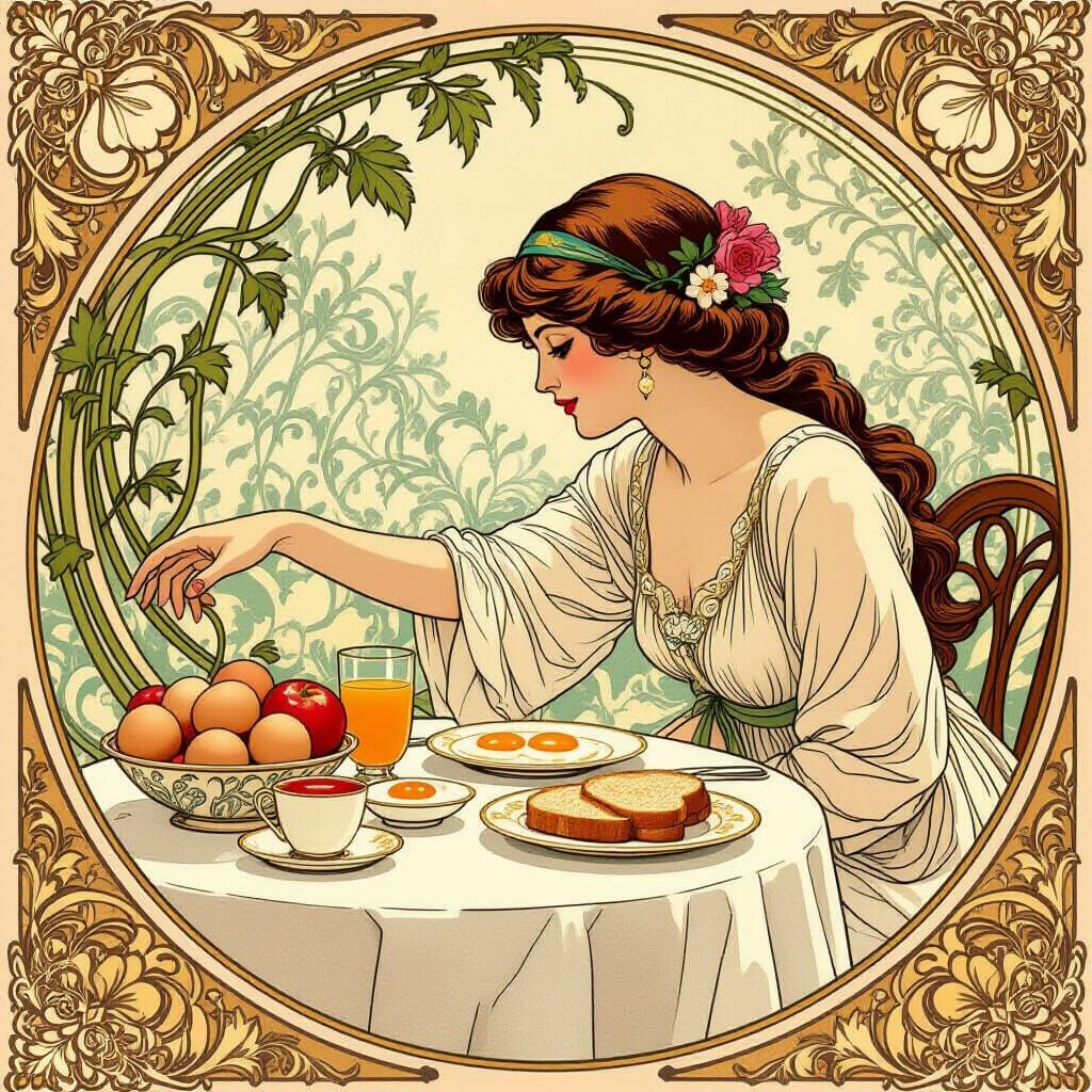 Art Nouveau Woman Reaches for Breakfast Table