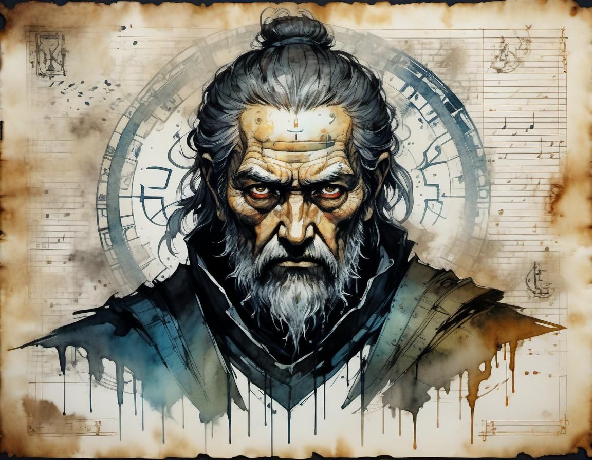 Aristotle Portrait with Glowing Runes in Watercolor Style