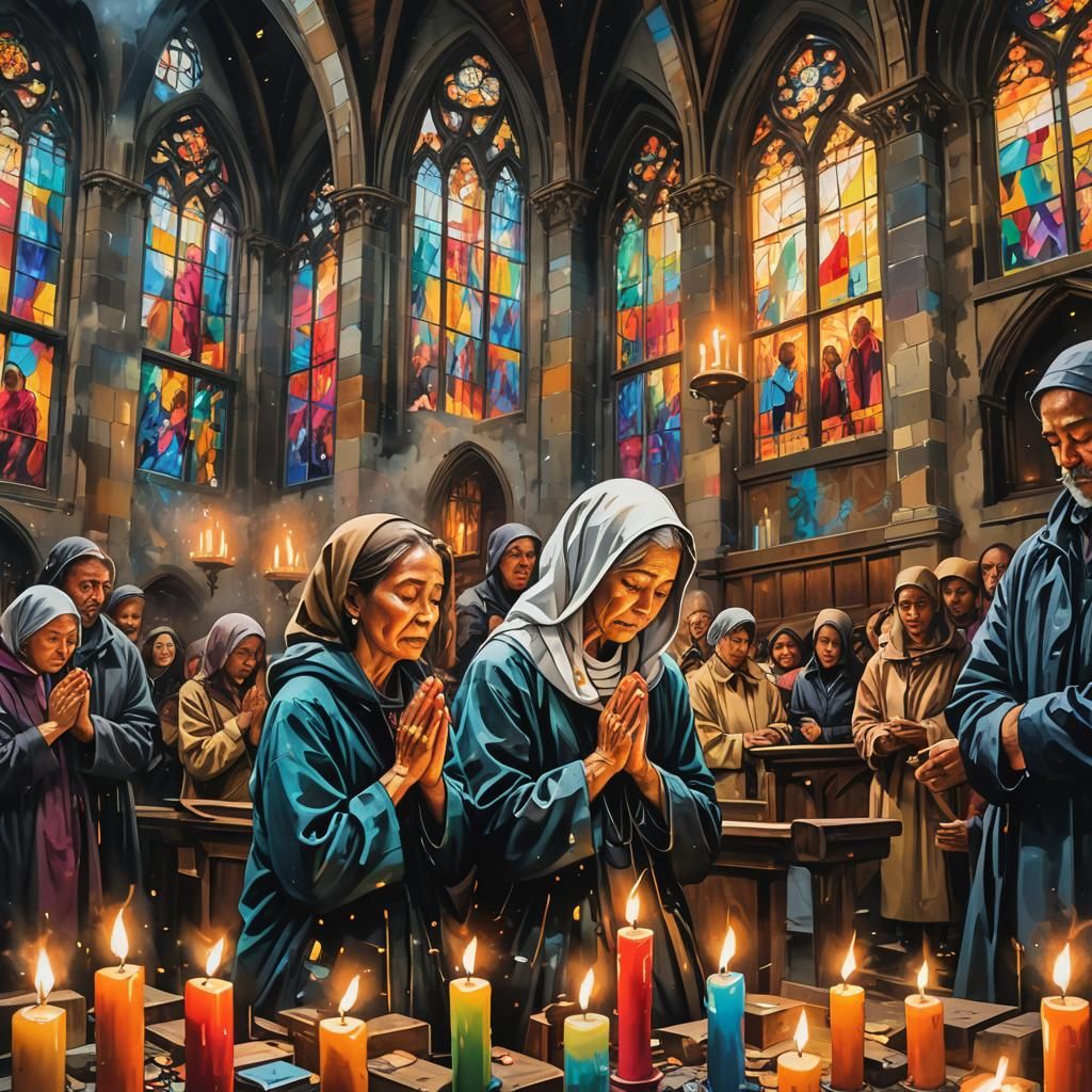 Emotional Graffiti Art of Praying Widows in Church