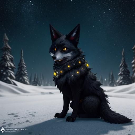 Undead Black Fox in Frozen Winter, Watercolor Style