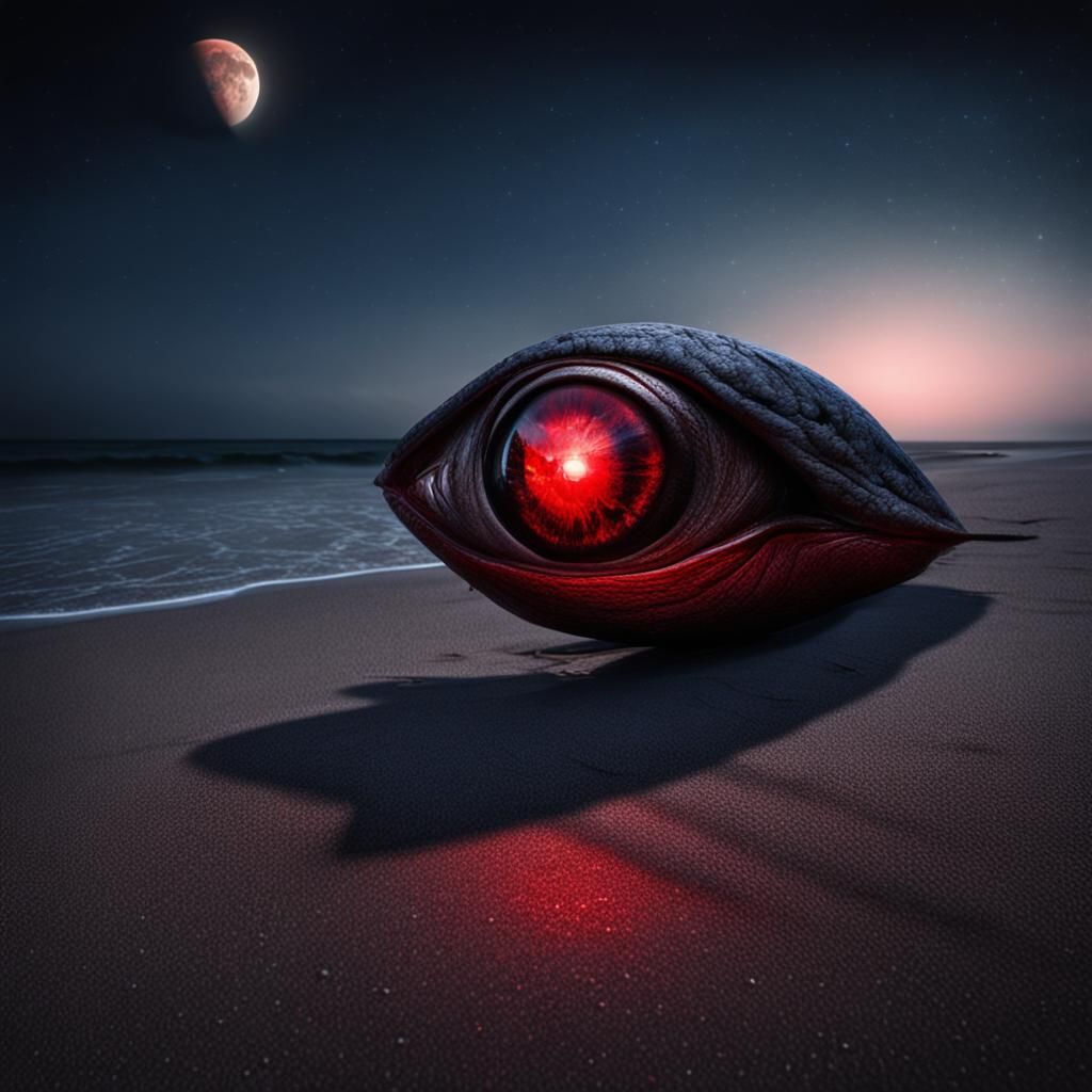 Red Shining Eye on Moonlit Beach: Hyperrealistic HDR