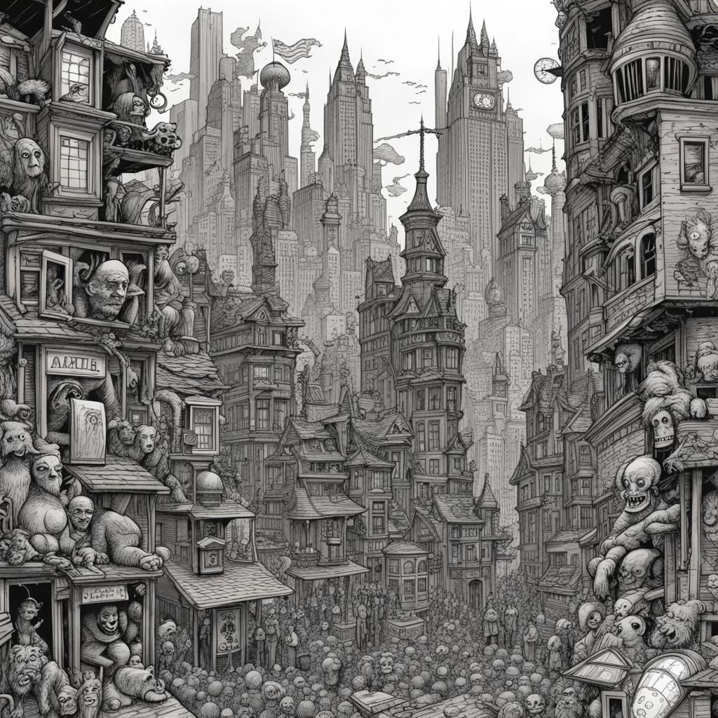 Line Art pen and ink Drawing high contrast Detailed cartoon character cityscapes featuring weird tales, unusual characte...