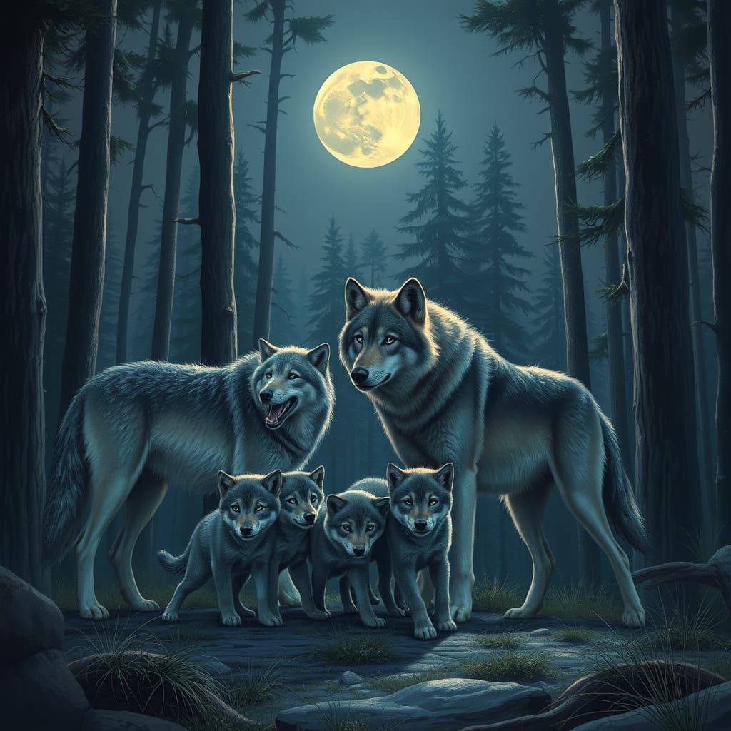 Wolf Pack Pups Play Under Moonlight in Forest