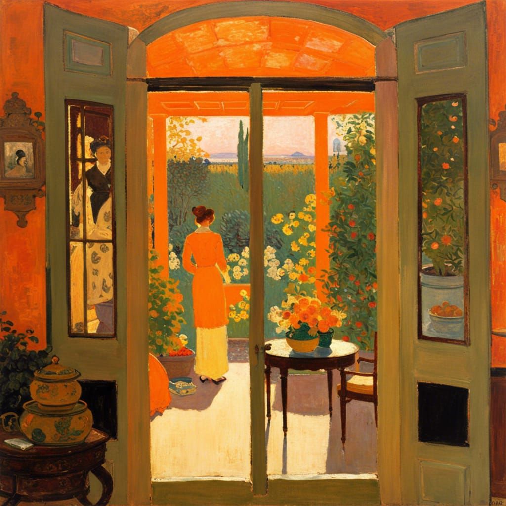 Lush Garden Scene Through Window in Post-Impressionist Style