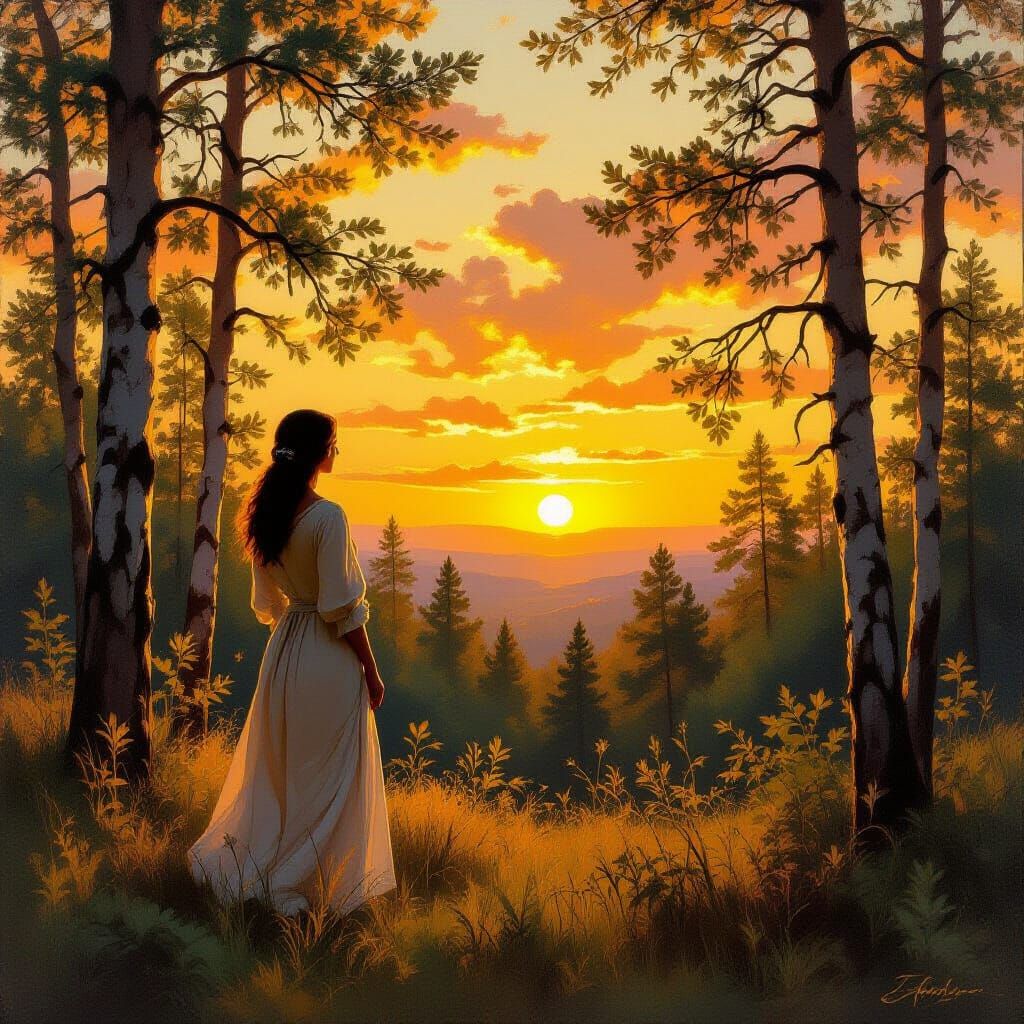 Woman Watching Sunset Forest in Classical Painting Style