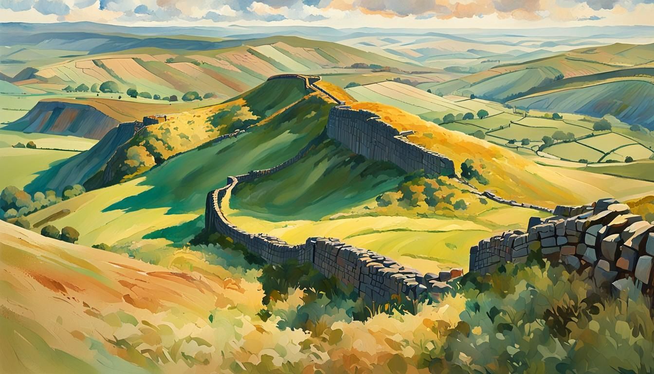 Hadrian's Wall Landscape in Impressionist Gouache Style
