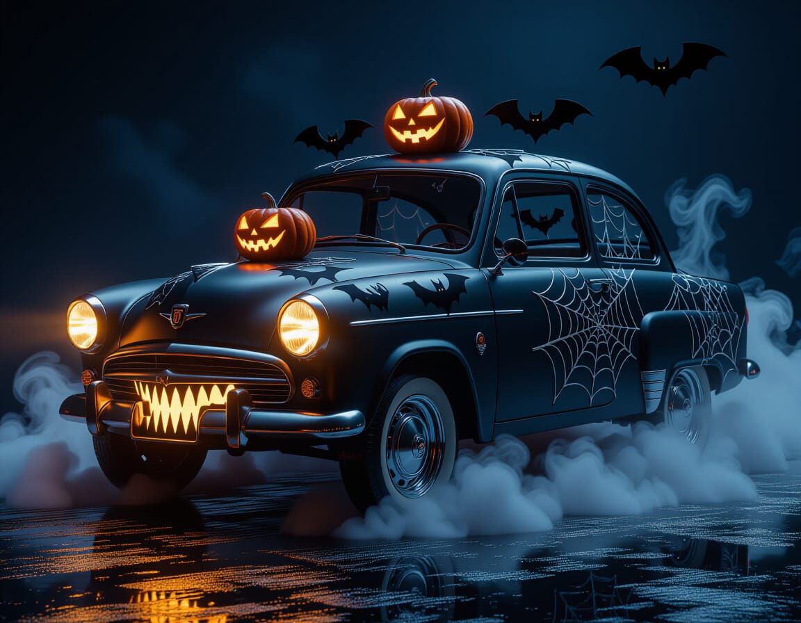 Vintage Fiat Halloween Car with Eerie Decor