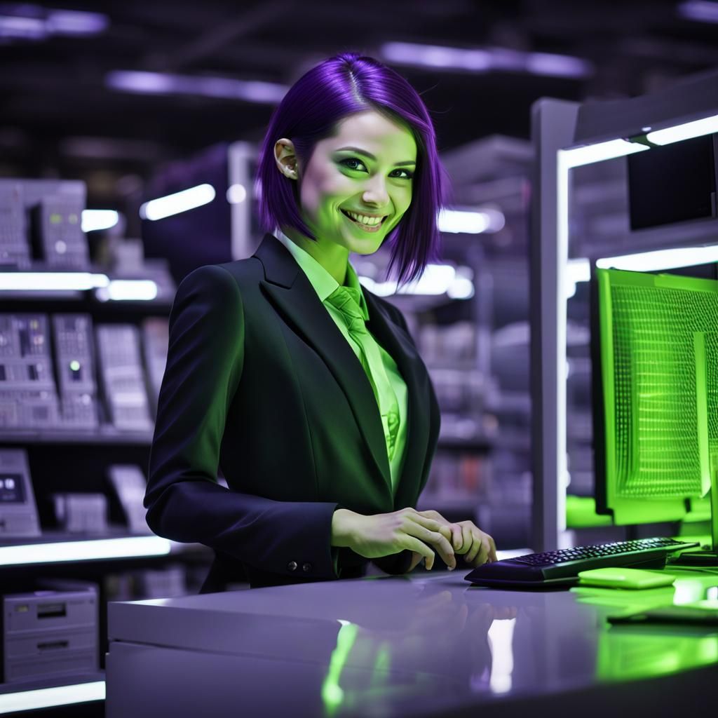 Hyperrealistic Girl in Computer Store at Night