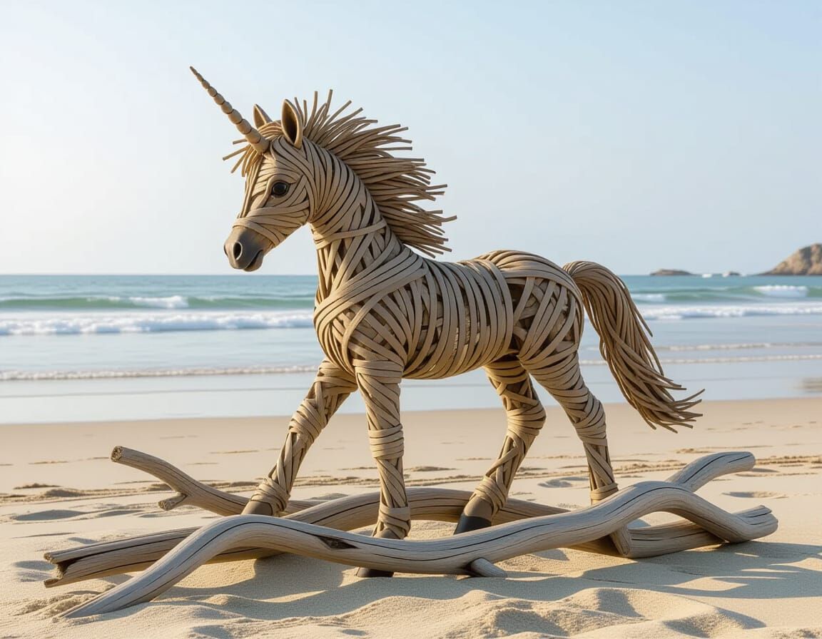 Driftwood Foal Sculpture on Beach in Environmental Art Style