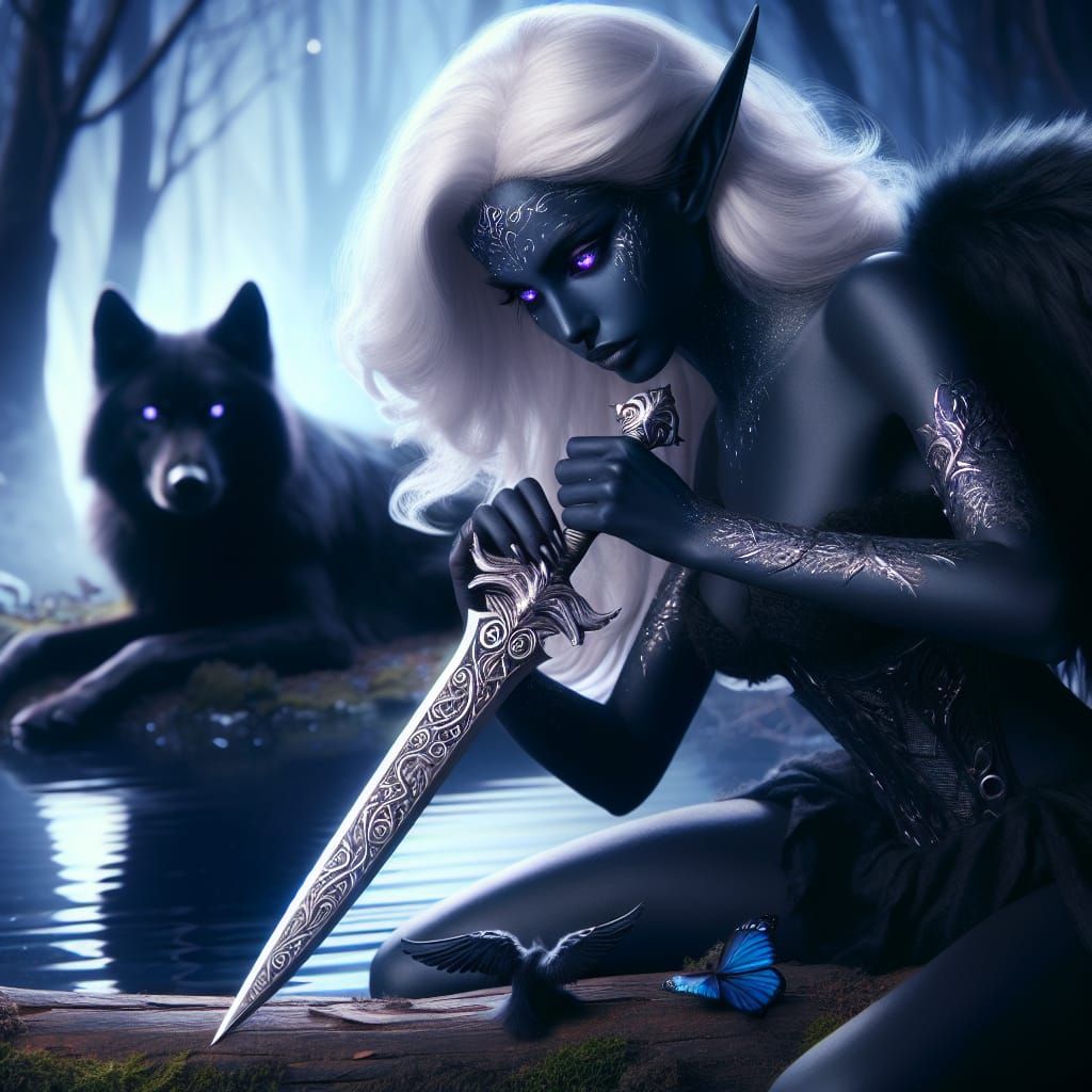 ShriNeerune Fey-Branche - Drow warrior her wolf companion Selakiir and her sentient long dagger Soulbane