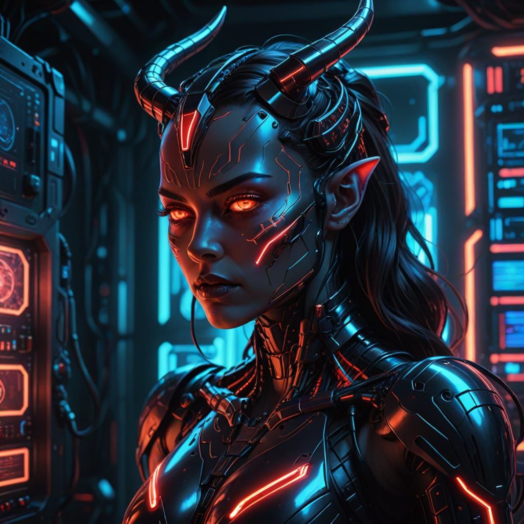 Cyberpunk Demoness in Neon-Lit Supercomputer