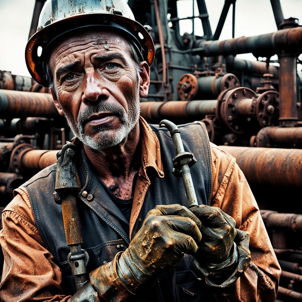 Gritty Oil Rig Worker in Noir Photography Style