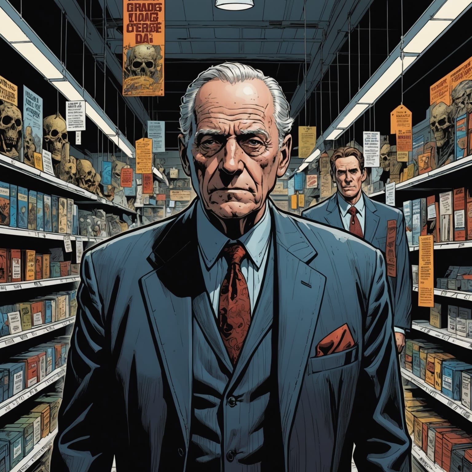 Creepy Man in Corpse Shop: Comic Book Art